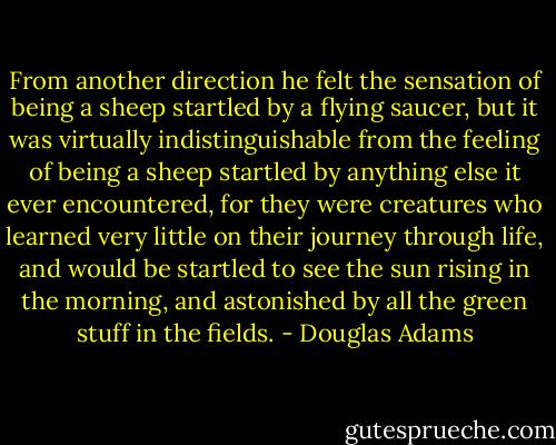 From another direction he felt the sensation of being a sheep startled by a flying saucer, but it was virtually indistinguishable from the feeling of being a sheep startled by anything else it ever encountered, for they were creatures who learned very little on their journey through life, and would be startled to see the sun rising in the morning, and astonished by all the green stuff in the fields. - Douglas Adams