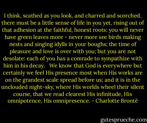 I think, scathed as you look, and charred and scorched, there must be a little sense of life in you yet, rising out of that adhesion at the faithful, honest roots: you will never have green leaves more - never more see birds making nests and singing idylls in your boughs; the time of pleasure and love is over with you; but you are not desolate: each of you has a comrade to sympathize with him in his decay.<br /><br /><br />We know that God is everywhere but certainly we feel His presence most when His works are on the grandest scale spread before us; and it is in the unclouded night-sky, where His worlds wheel their silent course, that we read clearest His infinitude, His omnipotence, His omnipresence. - Charlotte Brontë