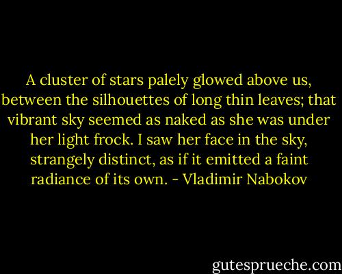 A cluster of stars palely glowed above us, between the silhouettes of long thin leaves; that vibrant sky seemed as naked as she was under her light frock. I saw her face in the sky, strangely distinct, as if it emitted a faint radiance of its own. - Vladimir Nabokov