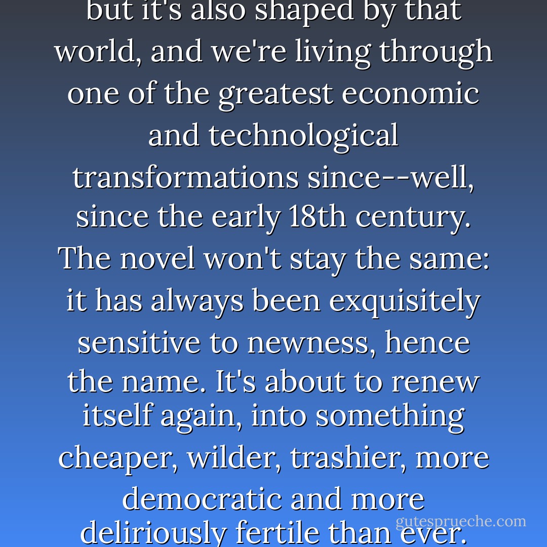 Literature interprets the world, but it's also shaped by that world, and we're living through one of the greatest economic and technological transformations since--well, since the early 18th century. The novel won't stay the same: it has always been exquisitely sensitive to newness, hence the name. It's about to renew itself again, into something cheaper, wilder, trashier, more democratic and more deliriously fertile than ever. - Lev Grossman