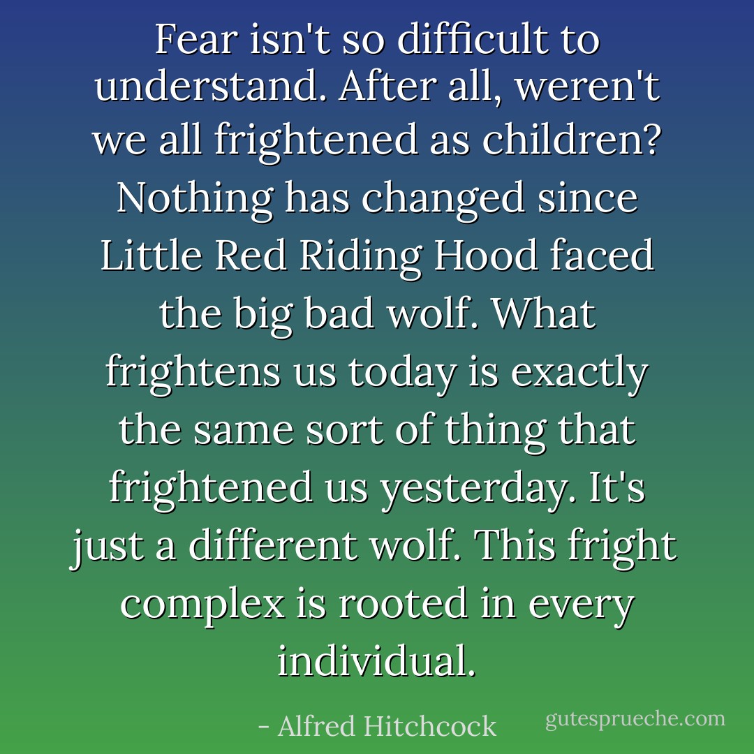 Fear isn't so difficult to understand. After all, weren't we all frightened as children? Nothing has changed since Little Red Riding Hood faced the big bad wolf. What frightens us today is exactly the same sort of thing that frightened us yesterday. It's just a different wolf. This fright complex is rooted in every individual. - Alfred Hitchcock