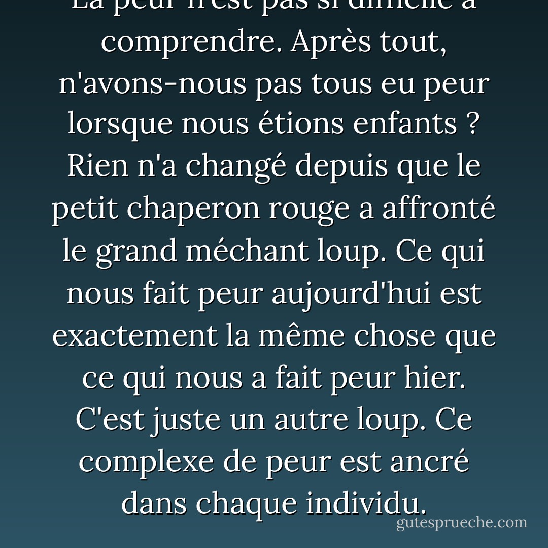 La peur n'est pas si difficile à comprendre. Après tout, n'avons-nous pas tous eu peur lorsque nous étions enfants ? Rien n'a changé depuis que le petit chaperon rouge a affronté le grand méchant loup. Ce qui nous fait peur aujourd'hui est exactement la même chose que ce qui nous a fait peur hier. C'est juste un autre loup. Ce complexe de peur est ancré dans chaque individu. - Alfred Hitchcock