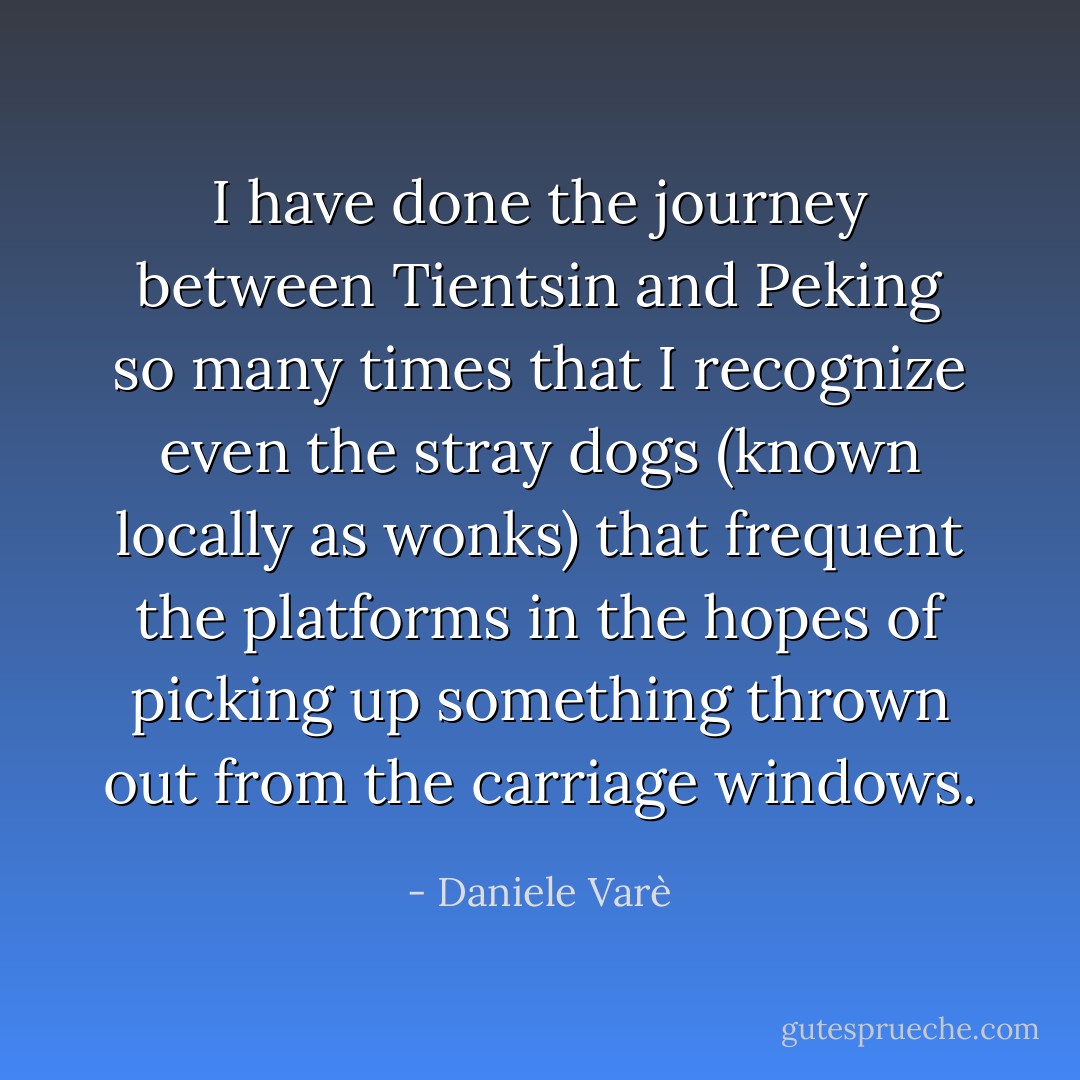 I have done the journey between Tientsin and Peking so many times that I recognize even the stray dogs (known locally as <i>wonks</i>) that frequent the platforms in the hopes of picking up something thrown out from the carriage windows. - Daniele Varè