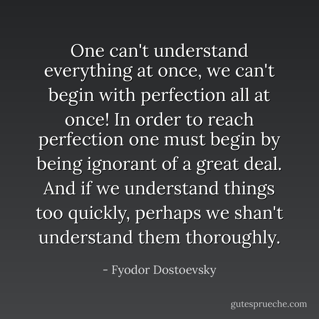 One can't understand everything at once, we can't begin with perfection all at once! In order to reach perfection one must begin by being ignorant of a great deal. And if we understand things too quickly, perhaps we shan't understand them thoroughly. - Fyodor Dostoevsky