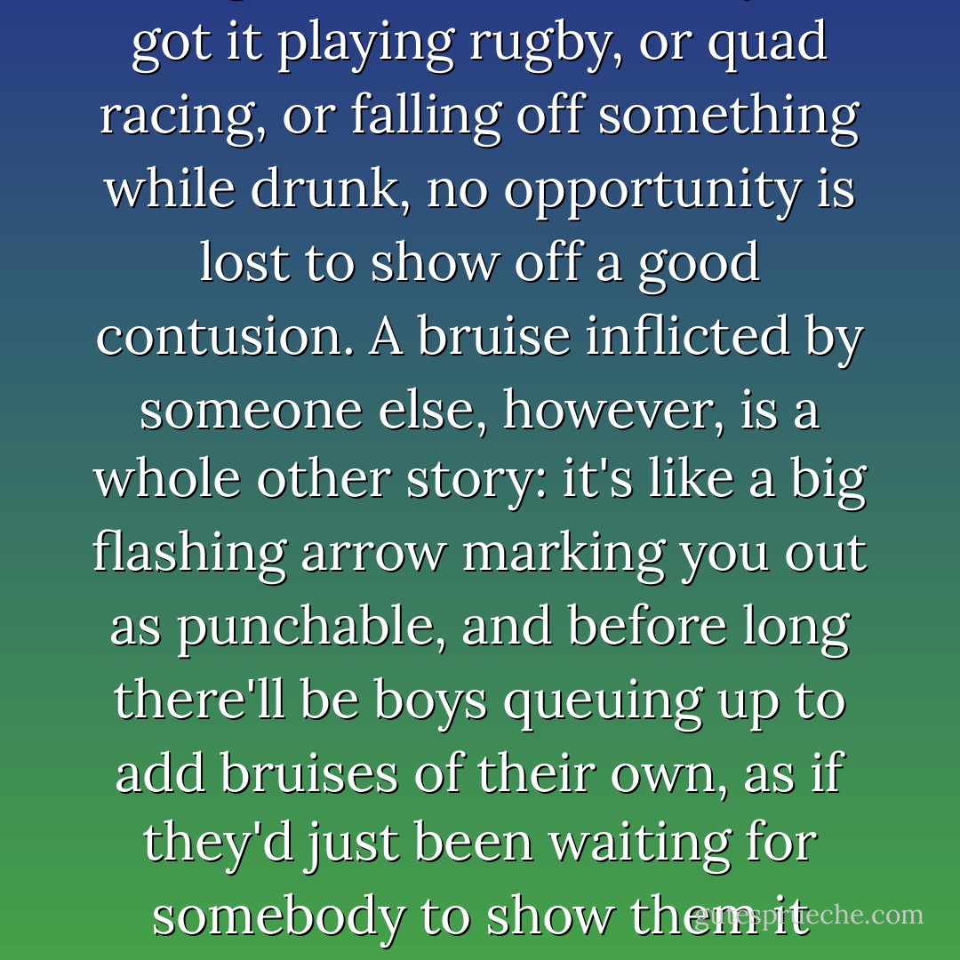 Some bruises you wear like badges of honour: when you got it playing rugby, or quad racing, or falling off something while drunk, no opportunity is lost to show off a good contusion. A bruise inflicted by someone else, however, is a whole other story: it's like a big flashing arrow marking you out as punchable, and before long there'll be boys queuing up to add bruises of their own, as if they'd just been waiting for somebody to show them it could be done. - Paul     Murray
