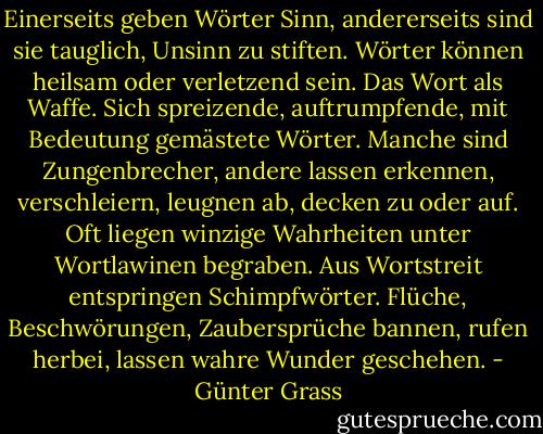 Einerseits geben Wörter Sinn, andererseits sind sie tauglich, Unsinn zu stiften. Wörter können heilsam oder verletzend sein. Das Wort als Waffe. Sich spreizende, auftrumpfende, mit Bedeutung gemästete Wörter. Manche sind Zungenbrecher, andere lassen erkennen, verschleiern, leugnen ab, decken zu oder auf. Oft liegen winzige Wahrheiten unter Wortlawinen begraben. Aus Wortstreit entspringen Schimpfwörter. Flüche, Beschwörungen, Zaubersprüche bannen, rufen herbei, lassen wahre Wunder geschehen. - Günter Grass