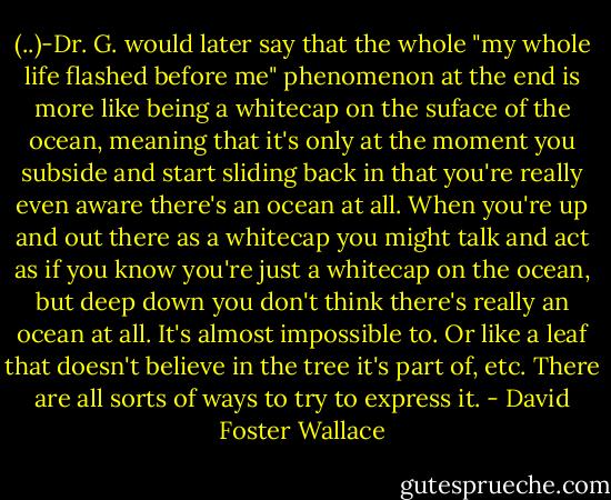 (..)-Dr. G. would later say that the whole "my whole life flashed before me" phenomenon at the end is more like being a whitecap on the suface of the ocean, meaning that it's only at the moment you subside and start sliding back in that you're really even aware there's an ocean at all. When you're up and out there as a whitecap you might talk and act as if you know you're just a whitecap on the ocean, but deep down you don't think there's really an ocean at all. It's almost impossible to. Or like a leaf that doesn't believe in the tree it's part of, etc. There are all sorts of ways to try to express it. - David Foster Wallace