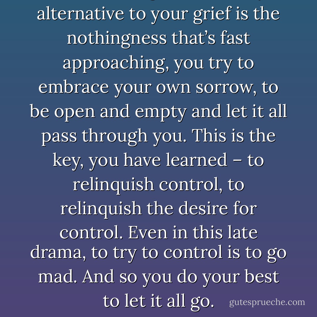And knowing that the only alternative to your grief is the nothingness that’s fast approaching, you try to embrace your own sorrow, to be open and empty and let it all pass through you. This is the key, you have learned – to relinquish control, to relinquish the desire for control. Even in this late drama, to try to control is to go mad. And so you do your best to let it all go. - Ron Currie Jr.