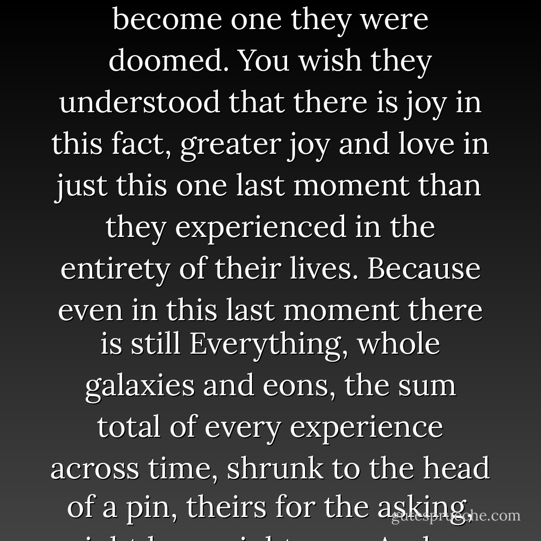 You wish they understood, as you do, that there is no escape and never was, that from the moment two cells combined to become one they were doomed. You wish they understood that there is joy in this fact, greater joy and love in just this one last moment than they experienced in the entirety of their lives. Because even in this last moment there is still Everything, whole galaxies and eons, the sum total of every experience across time, shrunk to the head of a pin, theirs for the asking, right here, right now. And so anything, anything, anything is possible. - Ron Currie Jr.