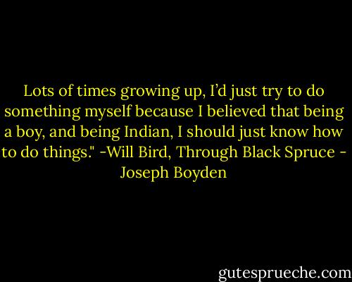 Lots of times growing up, I’d just try to do something myself because I believed that being a boy, and being Indian, I should just know how to do things." -Will Bird, Through Black Spruce - Joseph Boyden