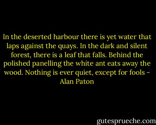 In the deserted harbour there is yet water that laps against the quays. In the dark and silent forest, there is a leaf that falls. Behind the polished panelling the white ant eats away the wood. Nothing is ever quiet, except for fools - Alan Paton