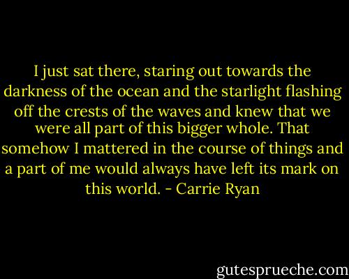 I just sat there, staring out towards the darkness of the ocean and the starlight flashing off the crests of the waves and knew that we were all part of this bigger whole. That somehow I mattered in the course of things and a part of me would always have left its mark on this world. - Carrie Ryan