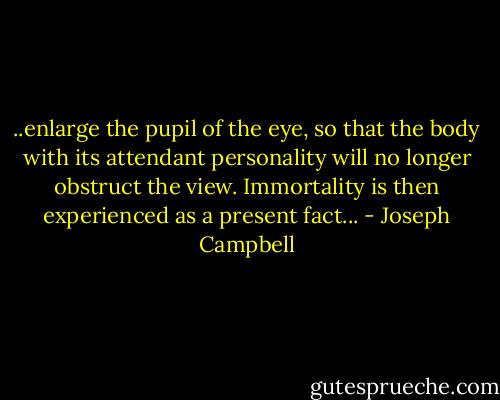 ..enlarge the pupil of the eye, so that the body with its attendant personality will no longer obstruct the view. Immortality is then experienced as a present fact... - Joseph Campbell