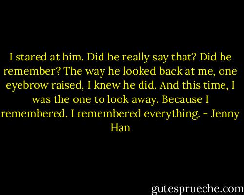 I stared at him. Did he really say that? Did he remember? The way he looked back at me, one eyebrow raised, I knew he did. And this time, I was the one to look away.<br />Because I remembered. I remembered everything. - Jenny Han
