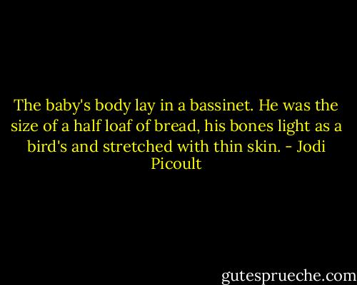 The baby's body lay in a bassinet. He was the size of a half loaf of bread, his bones light as a bird's and stretched with thin skin. - Jodi Picoult