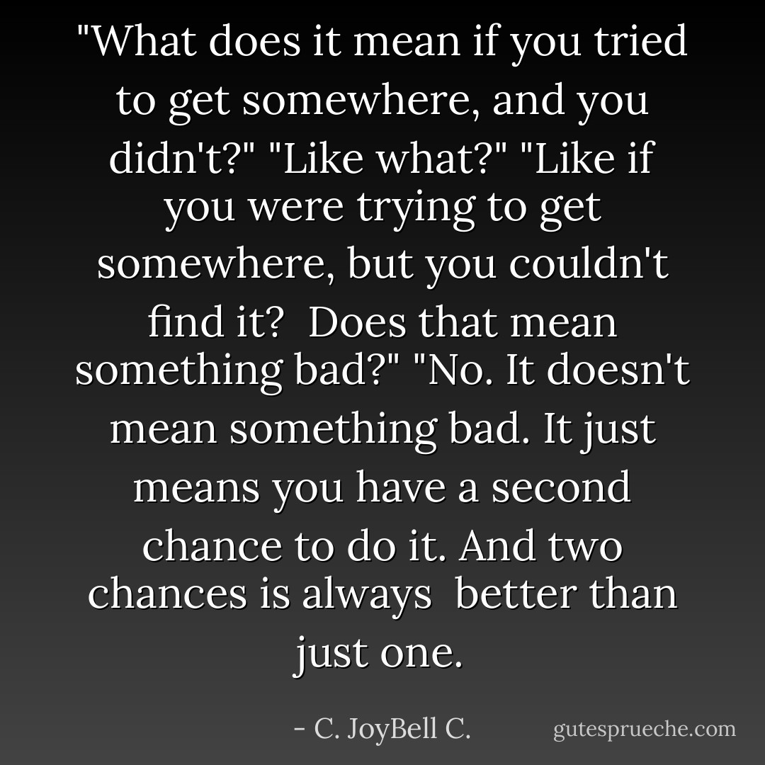 ‎"What does it mean if you tried to get somewhere, and you didn't?" "Like what?" "Like if you were trying to get somewhere, but you couldn't find it? <br />Does that mean something bad?" "No. It doesn't mean something bad. It just means you have a second chance to do it. And two chances is always <br />better than just one. - C. JoyBell C.
