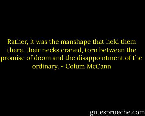 Rather, it was the manshape that held them there, their necks craned, torn between the promise of doom and the disappointment of the ordinary. - Colum McCann