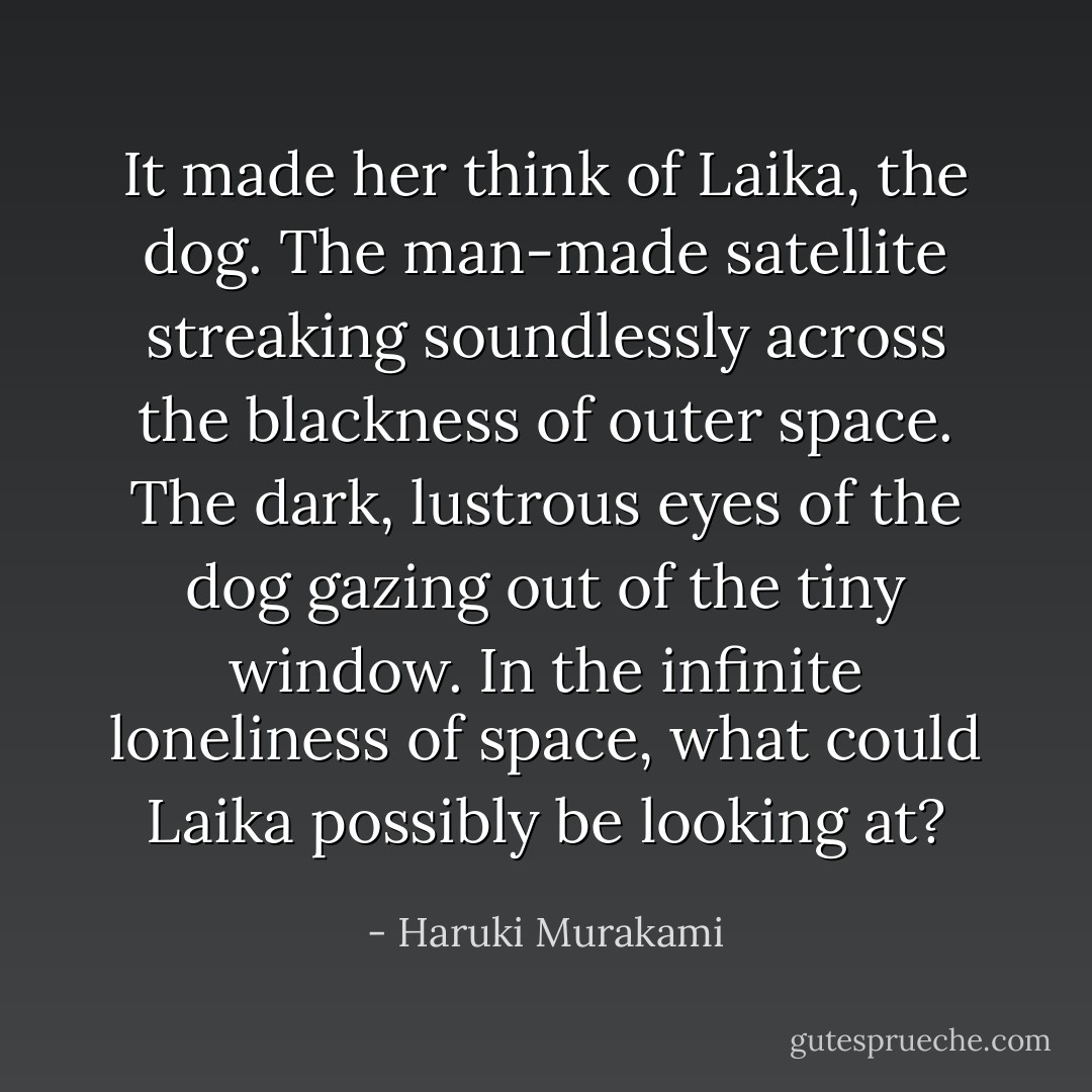 It made her think of Laika, the dog. The man-made satellite streaking soundlessly across the blackness of outer space. The dark, lustrous eyes of the dog gazing out of the tiny window. In the infinite loneliness of space, what could Laika possibly be looking at? - Haruki Murakami