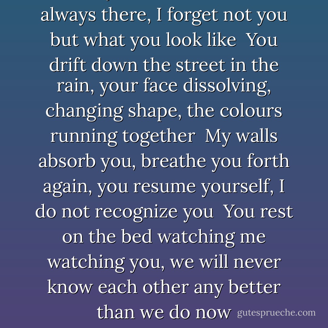 Because you are never here<br />but always there, I forget<br />not you but what you look like<br /><br />You drift down the street<br />in the rain, your face<br />dissolving, changing shape, the colours<br />running together<br /><br />My walls absorb<br />you, breathe you forth<br />again, you resume<br />yourself, I do not recognize you<br /><br />You rest on the bed<br />watching me watching<br />you, we will never know<br />each other any better<br />than we do now - Margaret Atwood