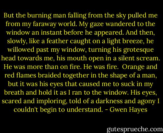 But the burning man falling from the sky pulled me from my faraway world. My gaze wandered to the window an instant before he appeared. And then, slowly, like a feather caught on a light breeze, he willowed past my window, turning his grotesque head towards me, his mouth open in a silent scream. He was more than on fire. He was fire.<br /><br />Orange and red flames braided together in the shape of a man, but it was his eyes that caused me to suck in my breath and hold it as I ran to the window. His eyes, scared and imploring, told of a darkness and agony I couldn't begin to understand. - Gwen Hayes