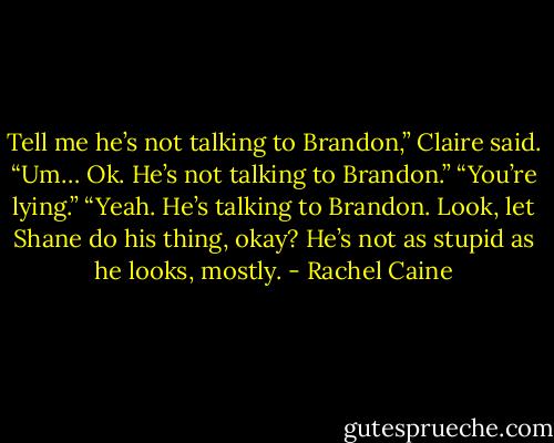 Tell me he’s not talking to Brandon,” Claire said.<br />“Um… Ok. He’s not talking to Brandon.”<br />“You’re lying.”<br />“Yeah. He’s talking to Brandon. Look, let Shane do his thing, okay? He’s not as stupid as he looks, mostly. - Rachel Caine