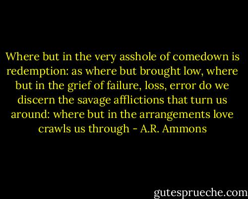 Where but in the very asshole of comedown is redemption: as where but brought low, where but in the grief of failure, loss, error do we discern the savage afflictions that turn us around: where but in the arrangements love crawls us through - A.R. Ammons