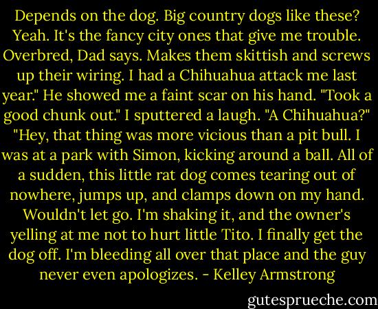 Depends on the dog. Big country dogs like these? Yeah. It's the fancy city ones that give me trouble. Overbred, Dad says. Makes them skittish and screws up their wiring. I had a Chihuahua attack me last year." He showed me a faint scar on his hand. "Took a good chunk out."<br />I sputtered a laugh. "A Chihuahua?"<br />"Hey, that thing was more vicious than a pit bull. I was at a park with Simon, kicking around a ball. All of a sudden, this little rat dog comes tearing out of nowhere, jumps up, and clamps down on my hand. Wouldn't let go. I'm shaking it, and the owner's yelling at me not to hurt little Tito. I finally get the dog off. I'm bleeding all over that place and the guy never even apologizes. - Kelley Armstrong