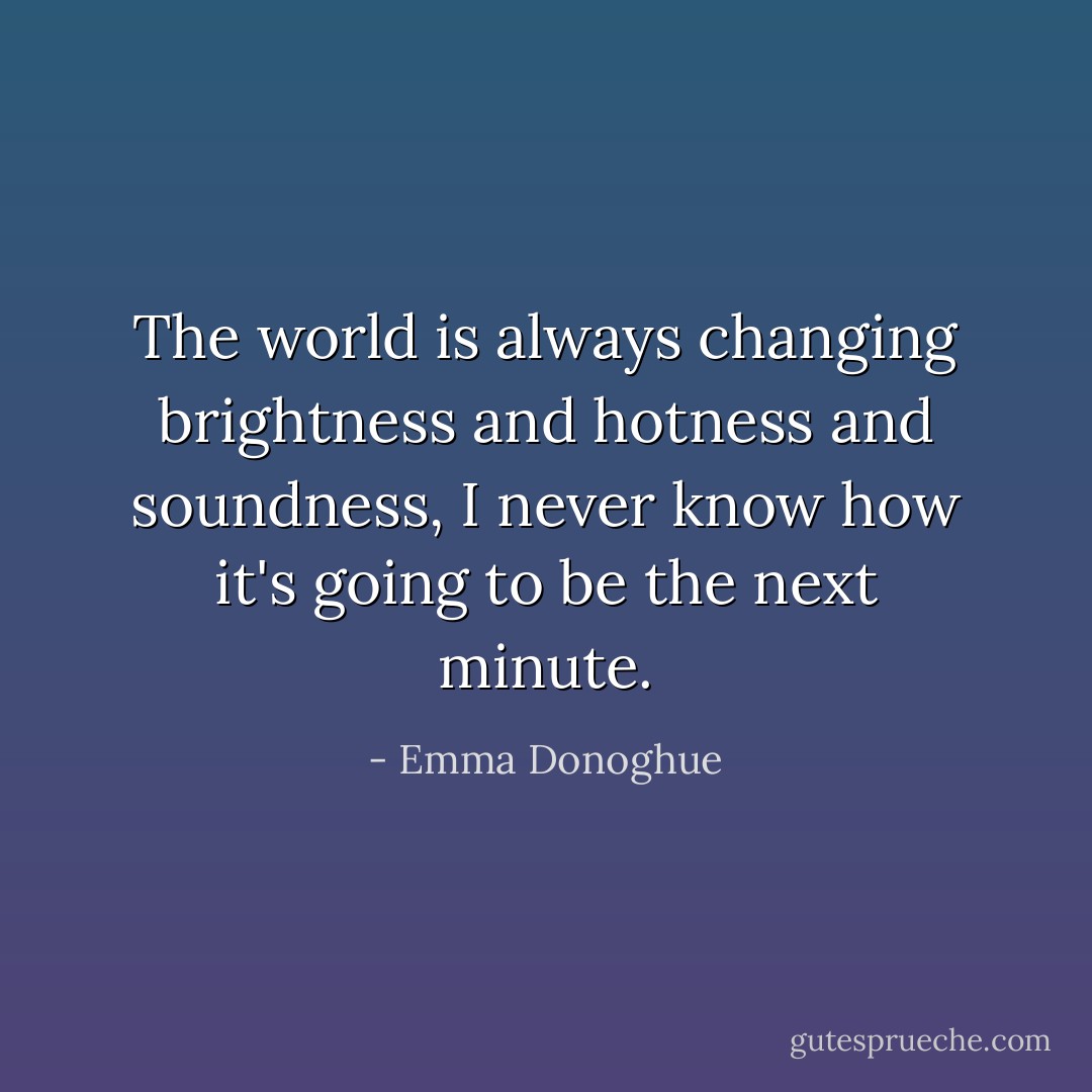 The world is always changing brightness and hotness and soundness, I never know how it's going to be the next minute. - Emma Donoghue