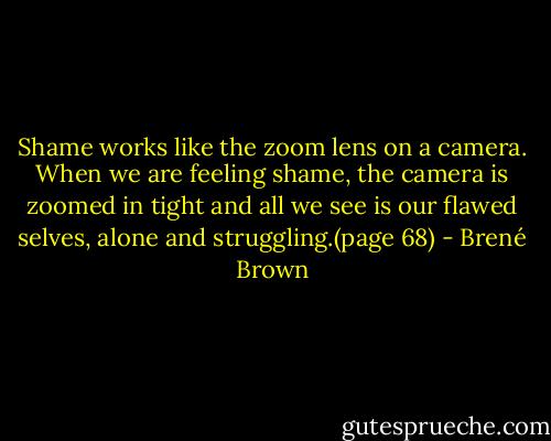 Shame works like the zoom lens on a camera. When we are feeling shame, the camera is zoomed in tight and all we see is our flawed selves, alone and struggling.(page 68) - Brené Brown
