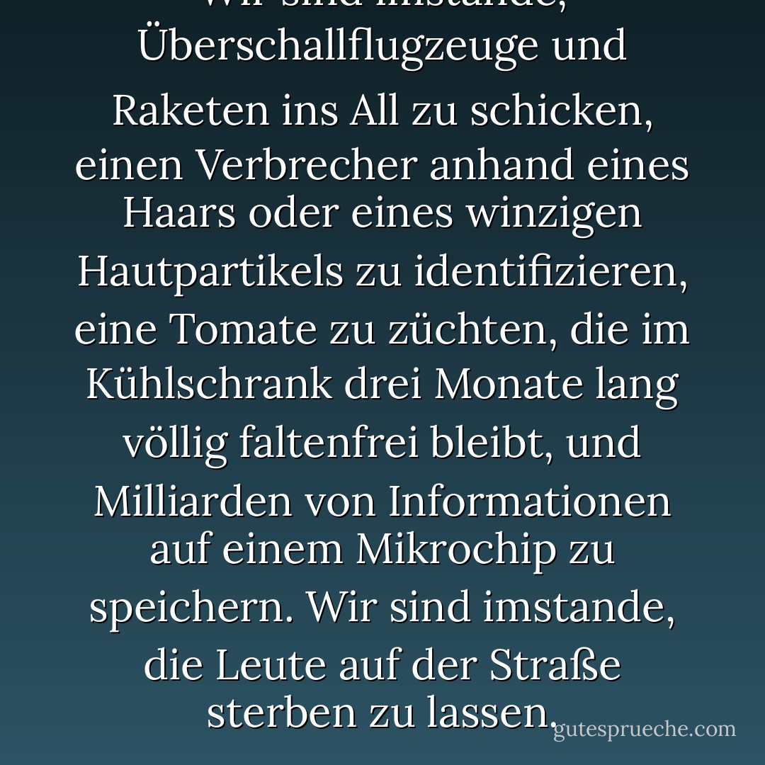 Wir sind imstande, Überschallflugzeuge und Raketen ins All zu schicken, einen Verbrecher anhand eines Haars oder eines winzigen Hautpartikels zu identifizieren, eine Tomate zu züchten, die im Kühlschrank drei Monate lang völlig faltenfrei bleibt, und Milliarden von Informationen auf einem Mikrochip zu speichern. Wir sind imstande, die Leute auf der Straße sterben zu lassen. - Delphine de Vigan