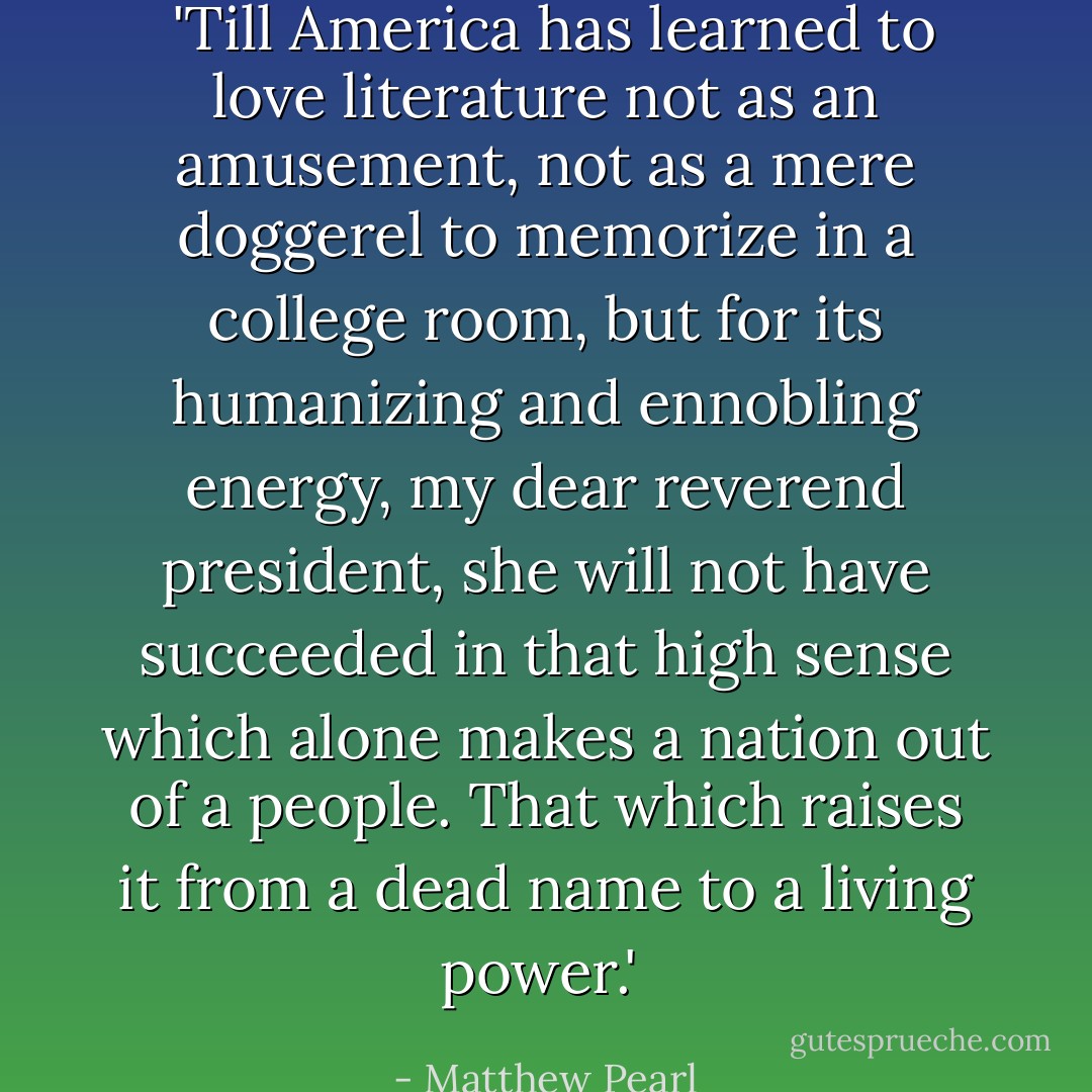  'Till America has learned to love literature not as an amusement, not as a mere doggerel to memorize in a college room, but for its humanizing and ennobling energy, my dear reverend president, she will not have succeeded in that high sense which alone makes a nation out of a people. That which raises it from a dead name to a living power.'  - Matthew Pearl
