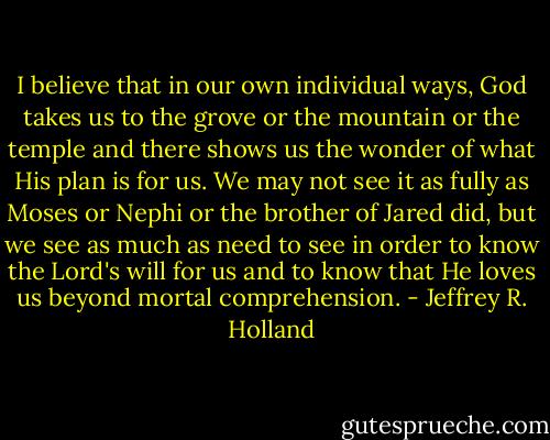 I believe that in our own individual ways, God takes us to the grove or the mountain or the temple and there shows us the wonder of what His plan is for us. We may not see it as fully as Moses or Nephi or the brother of Jared did, but we see as much as need to see in order to know the Lord's will for us and to know that He loves us beyond mortal comprehension. - Jeffrey R. Holland