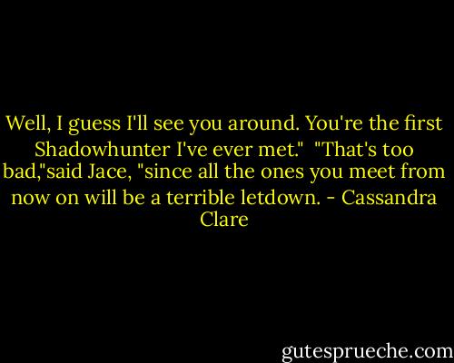 Well, I guess I'll see you around. You're the first Shadowhunter I've ever met." <br />"That's too bad,"said Jace, "since all the ones you meet from now on will be a terrible letdown. - Cassandra Clare