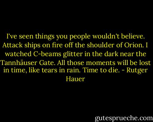 I've seen things you people wouldn't believe. Attack ships on fire off the shoulder of Orion. I watched C-beams glitter in the dark near the Tannhäuser Gate. All those moments will be lost in time, like tears in rain. Time to die. - Rutger Hauer