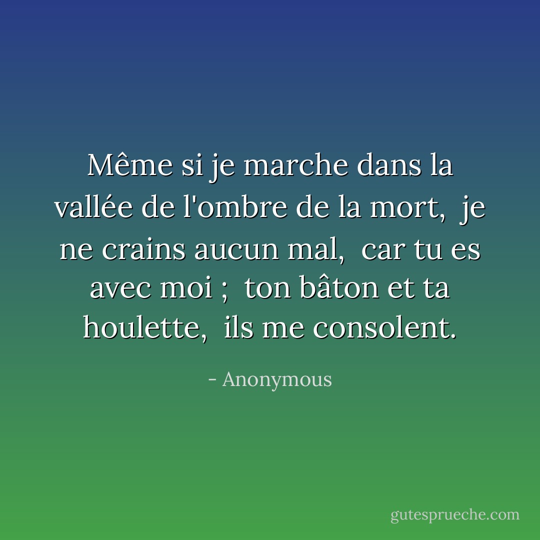 Même si je marche dans la vallée de l'ombre de la mort, <br />je ne crains aucun mal, <br />car tu es avec moi ; <br />ton bâton et ta houlette, <br />ils me consolent. - Anonymous