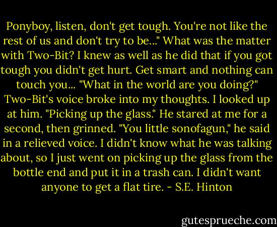 Ponyboy, listen, don't get tough. You're not like the rest of us and don't try to be..."<br />What was the matter with Two-Bit? I knew as well as he did that if you got tough you didn't get hurt. Get smart and nothing can touch you...<br />"What in the world are you doing?" Two-Bit's voice broke into my thoughts.<br />I looked up at him. "Picking up the glass."<br />He stared at me for a second, then grinned. "You little sonofagun," he said in a relieved voice. I didn't know what he was talking about, so I just went on picking up the glass from the bottle end and put it in a trash can. I didn't want anyone to get a flat tire. - S.E. Hinton