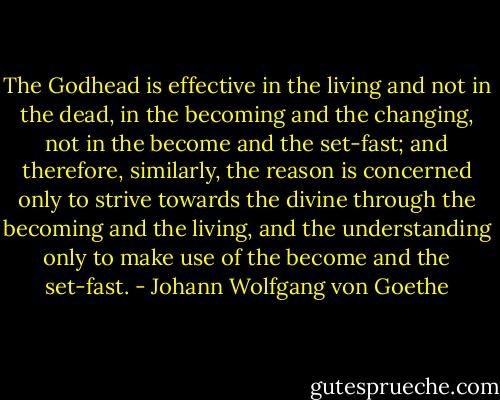 The Godhead is effective in the living and not in the dead, in the becoming and the changing, not in the become and the set-fast; and therefore, similarly, the reason is concerned only to strive towards the divine through the becoming and the living, and the understanding only to make use of the become and the set-fast. - Johann Wolfgang von Goethe