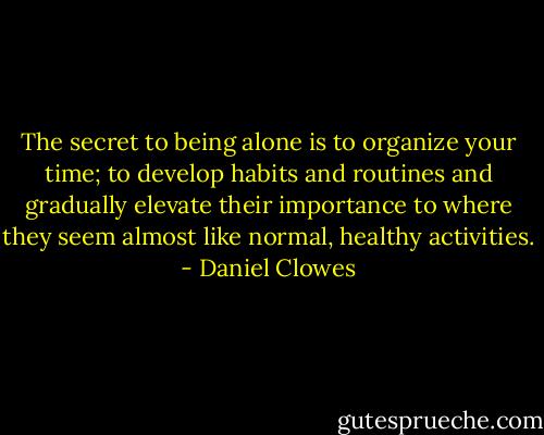 The secret to being alone is to organize your time; to develop habits and routines and gradually elevate their importance to where they seem almost like normal, healthy activities. - Daniel Clowes