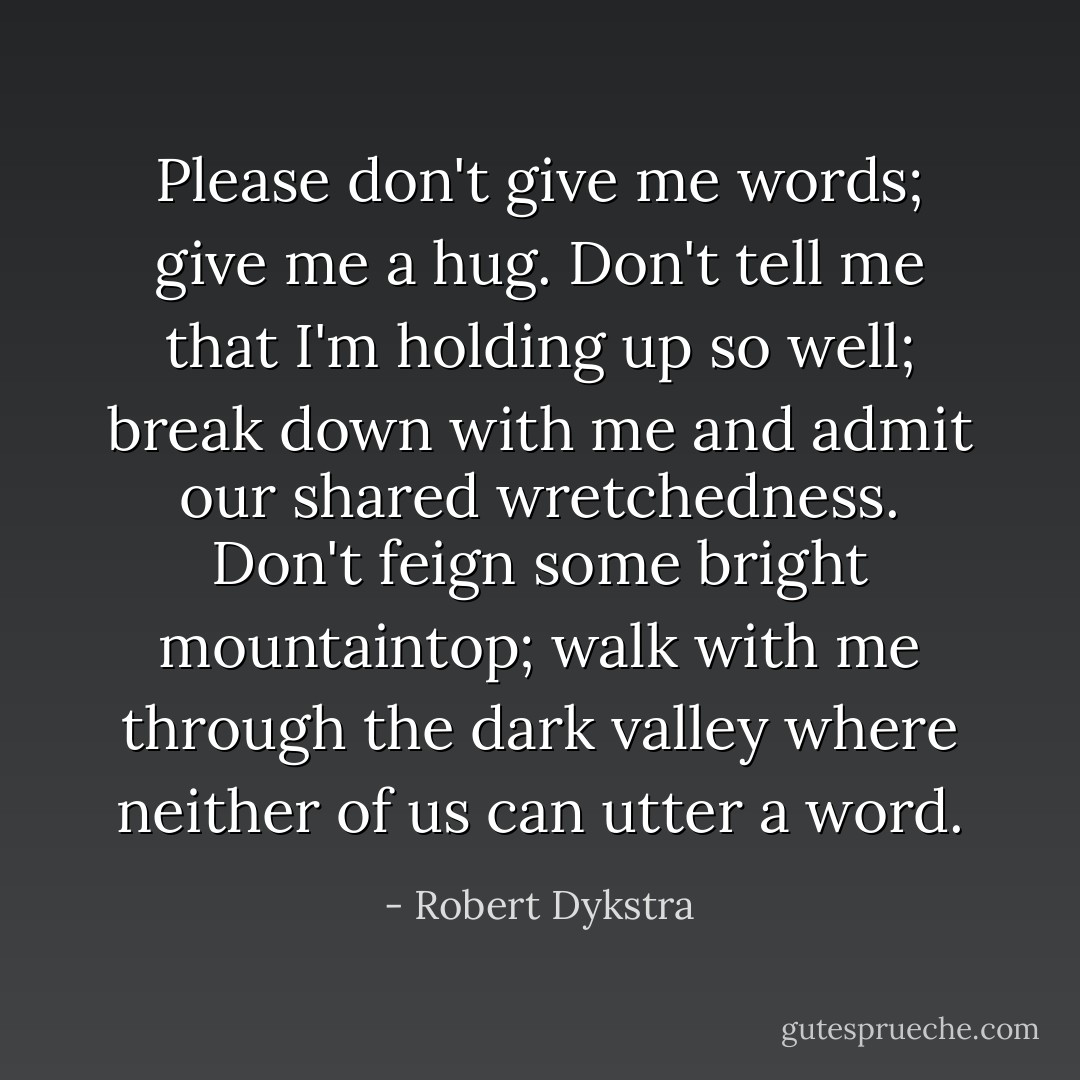 Please don't give me words; give me a hug. Don't tell me that I'm holding up so well; break down with me and admit our shared wretchedness. Don't feign some bright mountaintop; walk with me through the dark valley where neither of us can utter a word. - Robert Dykstra