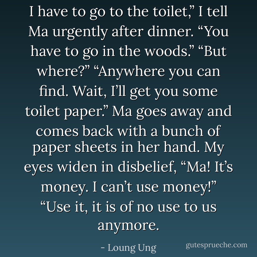 I have to go to the toilet,” I tell Ma urgently after dinner.<br />“You have to go in the woods.”<br />“But where?”<br />“Anywhere you can find. Wait, I’ll get you some toilet paper.” Ma goes away and comes back with a bunch of paper sheets in her hand. My eyes widen in disbelief, “Ma! It’s money. I can’t use money!”<br />“Use it, it is of no use to us anymore. - Loung Ung
