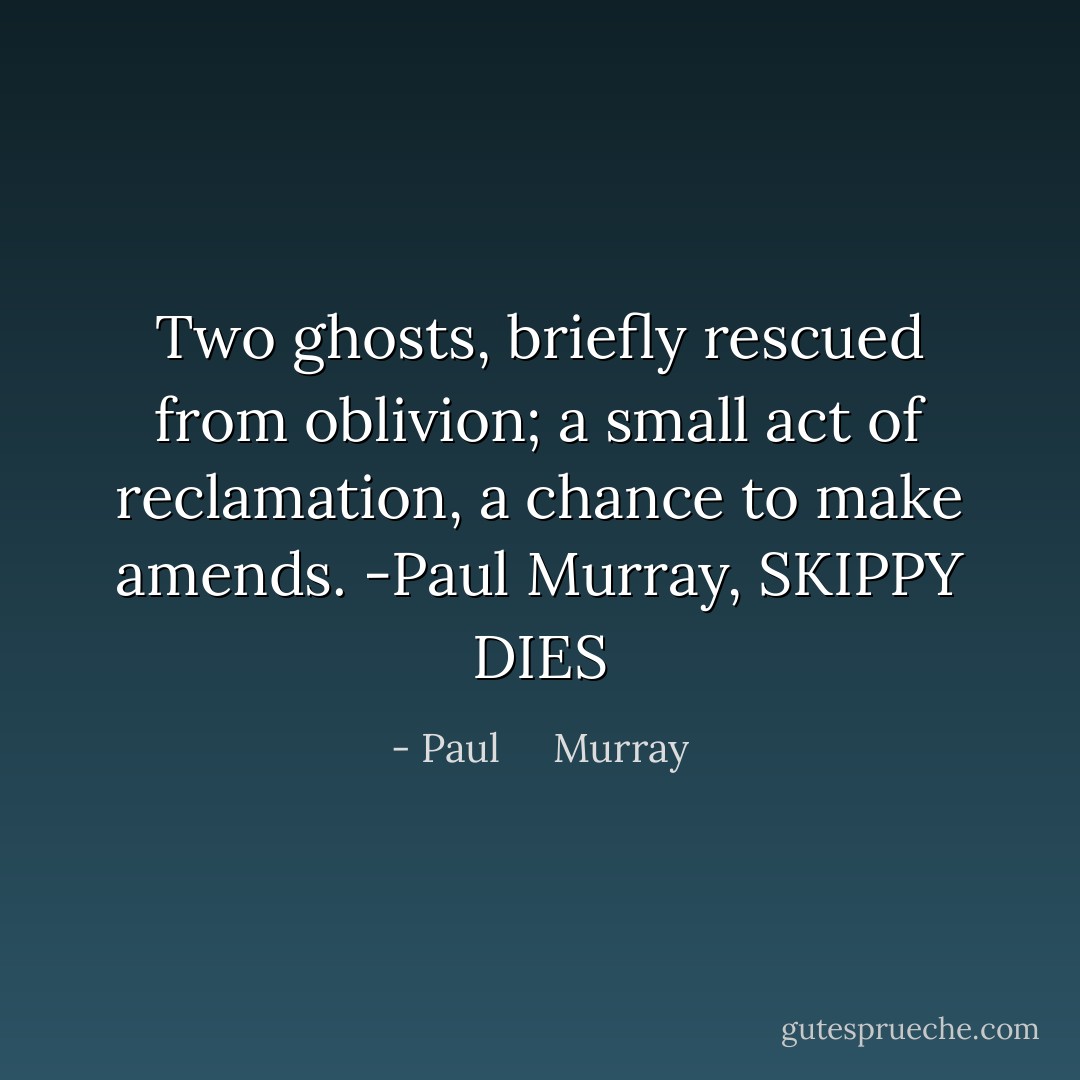 Two ghosts, briefly rescued from oblivion; a small act of reclamation, a chance to make amends.<br />-Paul Murray, SKIPPY DIES - Paul     Murray