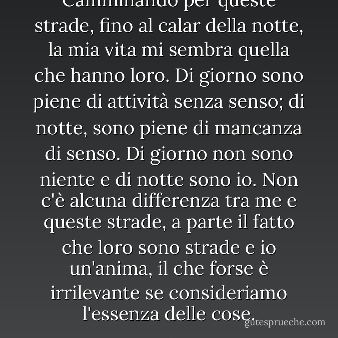 Camminando per queste strade, fino al calar della notte, la mia vita mi sembra quella che hanno loro. Di giorno sono piene di attività senza senso; di notte, sono piene di mancanza di senso. Di giorno non sono niente e di notte sono io. Non c'è alcuna differenza tra me e queste strade, a parte il fatto che loro sono strade e io un'anima, il che forse è irrilevante se consideriamo l'essenza delle cose. - Fernando Pessoa