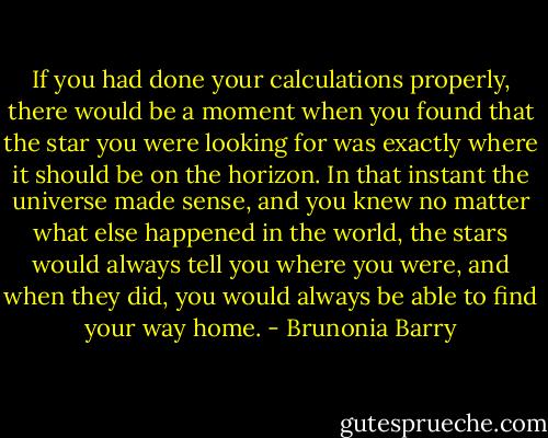 If you had done your calculations properly, there would be a moment when you found that the star you were looking for was exactly where it should be on the horizon. In that instant the universe made sense, and you knew no matter what else happened in the world, the stars would always tell you where you were, and when they did, you would always be able to find your way home. - Brunonia Barry