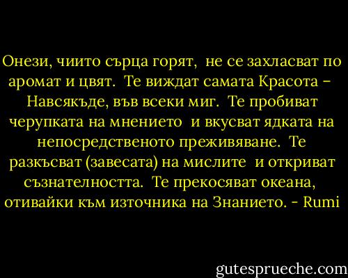 Онези, чиито сърца горят,<br /><br />не се захласват по аромат и цвят.<br /><br />Те виждат самата Красота –<br /><br />Навсякъде, във всеки миг.<br /><br />Те пробиват черупката на мнението<br /><br />и вкусват ядката на непосредственото преживяване.<br /><br />Те разкъсват (завесата) на мислите<br /><br />и откриват съзнателността.<br /><br />Те прекосяват океана,<br /><br />отивайки към източника на Знанието. - Rumi