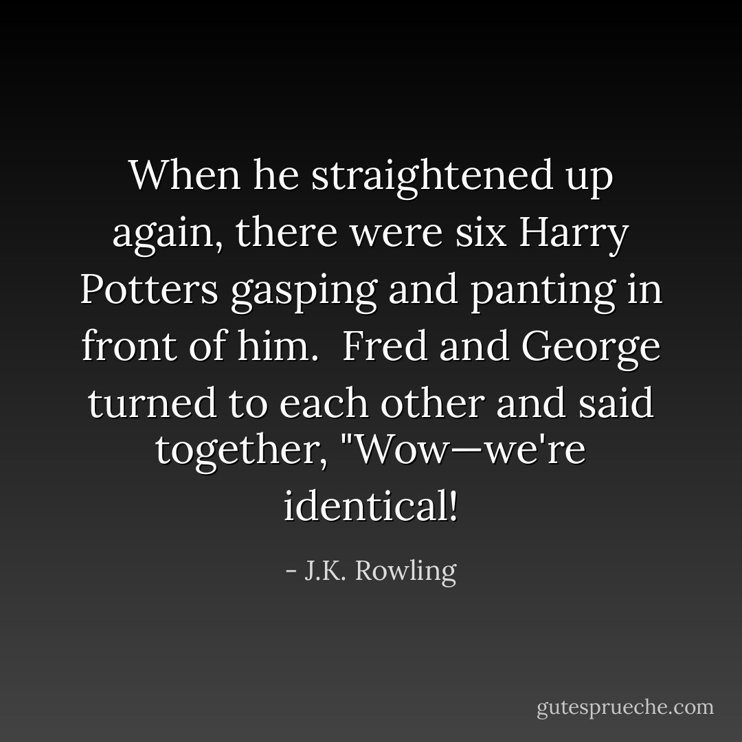 When he straightened up again, there were six Harry Potters gasping and panting in front of him.<br /> Fred and George turned to each other and said together, "Wow—we're identical! - J.K. Rowling