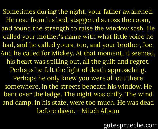 Sometimes during the night, your father awakened. He rose from his bed, staggered across the room, and found the strength to raise the window sash. He called your mother's name with what little voice he had, and he called yours, too, and your brother, Joe. And he called for Mickey. At that moment, it seemed, his heart was spilling out, all the guilt and regret. Perhaps he felt the light of death approaching. Perhaps he only knew you were all out there somewhere, in the streets beneath his window. He bent over the ledge. The night was chilly. The wind and damp, in his state, were too much. He was dead before dawn. - Mitch Albom