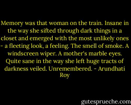 Memory was that woman on the train. Insane in the way she sifted through dark things in a closet and emerged with the most unlikely ones - a fleeting look, a feeling. The smell of smoke. A windscreen wiper. A mother's marble eyes. Quite sane in the way she left huge tracts of darkness veiled. Unremembered. - Arundhati Roy