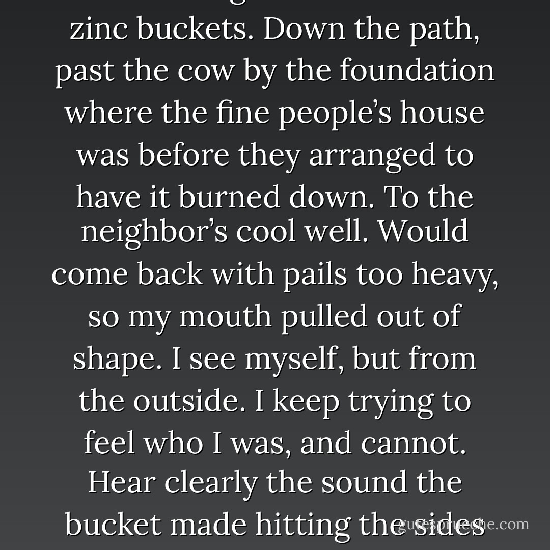 There was no water at my grandfather’s<br />when I was a kid and would go for it<br />with two zinc buckets. Down the path,<br />past the cow by the foundation where<br />the fine people’s house was before<br />they arranged to have it burned down.<br />To the neighbor’s cool well. Would<br />come back with pails too heavy,<br />so my mouth pulled out of shape.<br />I see myself, but from the outside.<br />I keep trying to feel who I was,<br />and cannot. Hear clearly the sound<br />the bucket made hitting the sides<br />of the stone well going down,<br />but never the sound of me. - Jack Gilbert