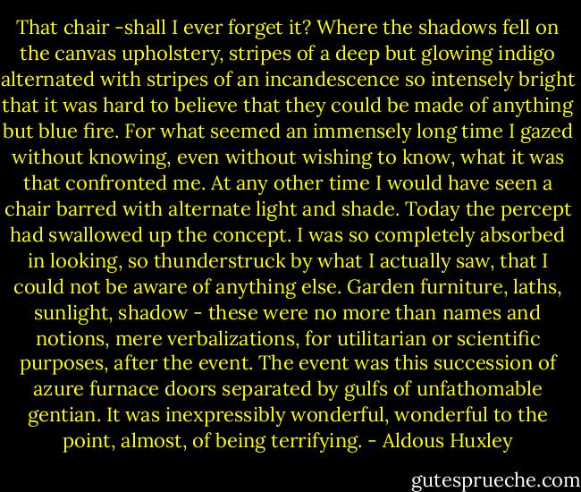 That chair -shall I ever forget it? Where the shadows fell on the canvas upholstery, stripes of a deep but glowing indigo alternated with stripes of an incandescence so intensely bright that it was hard to believe that they could be made of anything but blue fire. For what seemed an immensely long time I gazed without knowing, even without wishing to know, what it was that confronted me. At any other time I would have seen a chair barred with alternate light and shade. Today the percept had swallowed up the concept. I was so completely absorbed in looking, so thunderstruck by what I actually saw, that I could not be aware of anything else. Garden furniture, laths, sunlight, shadow - these were no more than names and notions, mere verbalizations, for utilitarian or scientific purposes, after the event. The event was this succession of azure furnace doors separated by gulfs of unfathomable gentian. It was inexpressibly wonderful, wonderful to the point, almost, of being terrifying. - Aldous Huxley