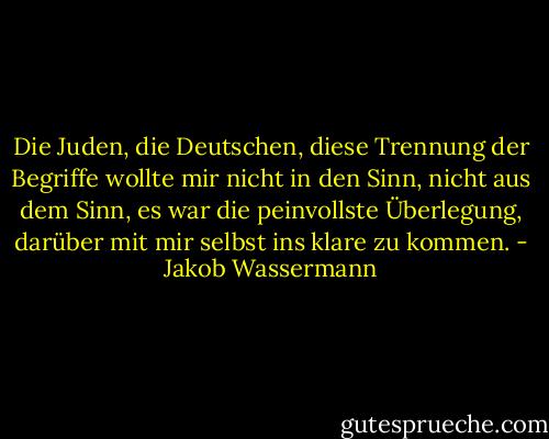 Die Juden, die Deutschen, diese Trennung der Begriffe wollte mir nicht in den Sinn, nicht aus dem Sinn, es war die peinvollste Überlegung, darüber mit mir selbst ins klare zu kommen. - Jakob Wassermann
